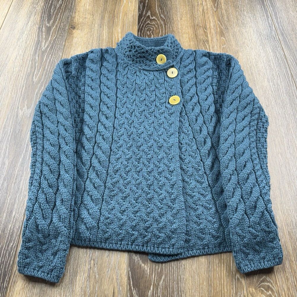 Aran Sweater Market Womens S Blue Cable Cardigan Knit Wool Fisherman Ireland NWT